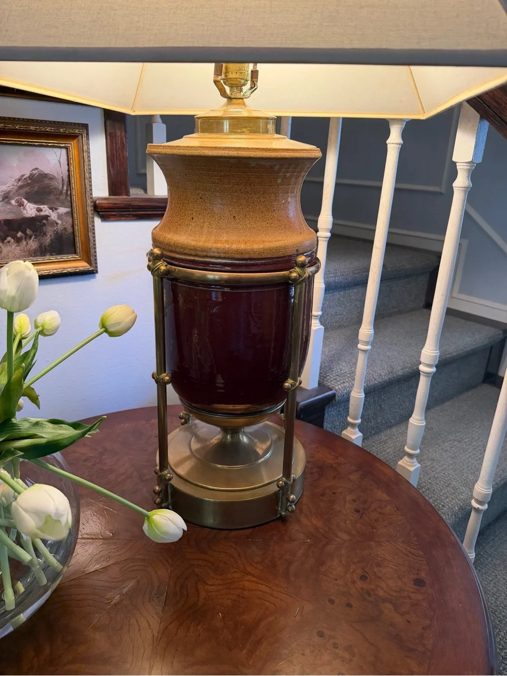 Vintage Mid Century Ceramic Brass Accent Table Lamp in Red and Tan by - Picture 10 of 12
